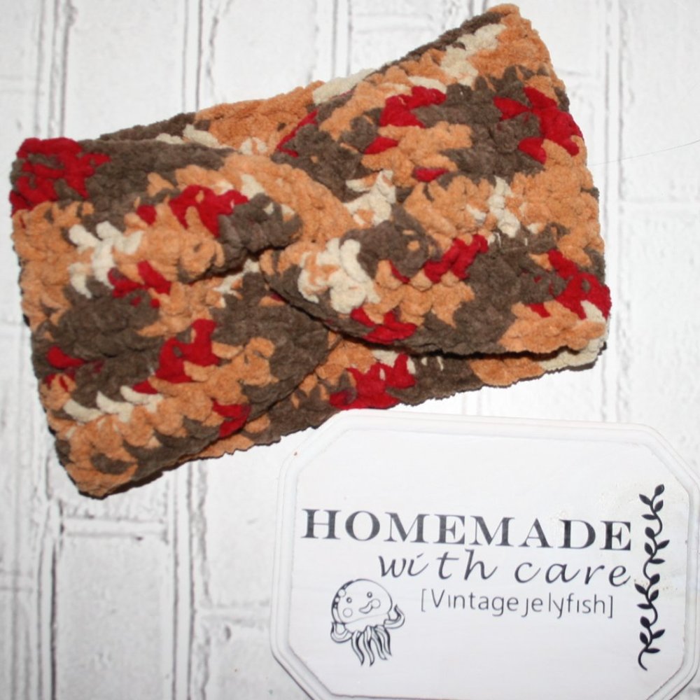 🍂❤️ Fluffy Crochet Headband – Brown & Red · Handmade · One Size